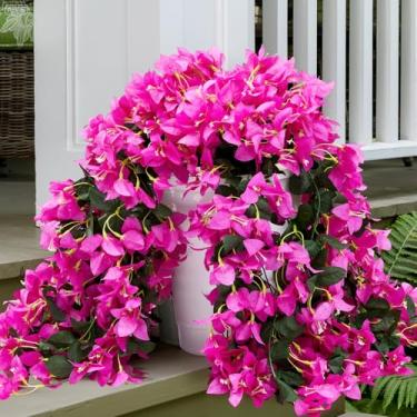 Imagem de Juinte 4 peças de flores artificiais falsas buganvílias, plantas para decoração ao ar livre, seda falsa, resistente a UV, trepadeiras longas para varanda e varanda (roxo)