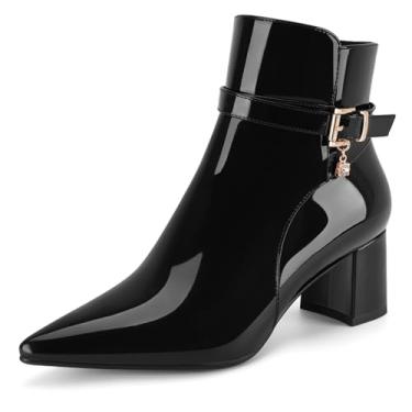 Imagem de Botas femininas modernas de couro grosso com várias alças brilhantes com strass e salto fino, Patente preta, 35