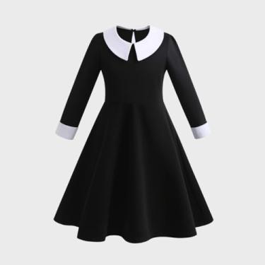 Imagem de Fantasia Wandinha Familia Adams Terror Cosplay Manga Longa Halloween Infantil Juvenil Bruxa Babado Maozinha Festa (P)