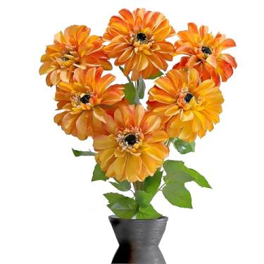 Imagem de GLSATEMAN Pacote com 6 flores artificiais de zinnia, mistura laranja vermelha, 62 cm de comprimento, flores grandes com botão, flores de seda dobráveis DIY para decoração de casa (mistura