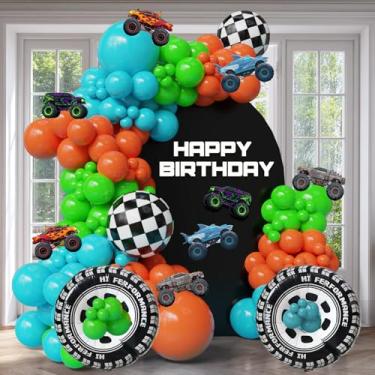 Imagem de Kit de guirlanda de arco de balão de caminhão com balões verdes e laranja para festa de aniversário