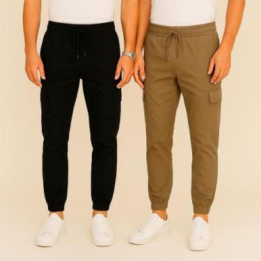 Imagem de Kit 2 Calça Jogger Cargo Masculina com Elástico Sarja e Bolso Lateral 
