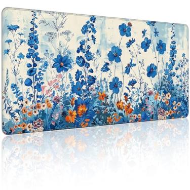 Imagem de 90 x 40 cm, mouse pad grande KOBWOPI XXL para mesa, teclado estendido para escritório de computador, mouse pad grande com bordas costuradas, flor azul para jogos e ervas daninhas