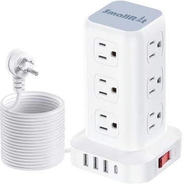 Imagem de SMALLRT Cabo De Extensão 16,5 Pés Comprimento, Protetor Contra Surtos Energia Em Torre Régua Com 12 Tomadas Usb E 4 Portas (1 C), Extensor Tomada Plana Proteção Sobrecarga Para Escritório Doméstico