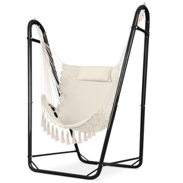 Imagem de Cadeira de rede com suporte, estilo boêmio resistente com borla, com encosto de cabeça e bolsos laterais para varanda de jardim e jardim (preto e branco)