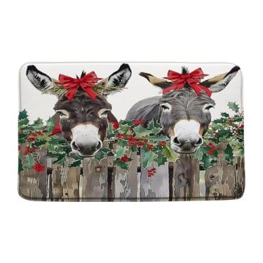 Imagem de CCNSTMS Merry Christmas Tapetes de banho engraçados burro baga folha verde rústica casa de fazenda cerca rústica férias de inverno retrô país espuma memória tapete decoração quarto capacho