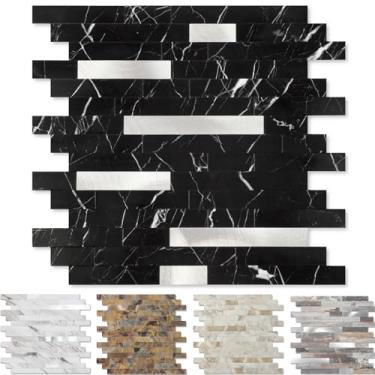 Imagem de Yipscazo 10 folhas de revestimento de azulejo de metal de pedra, cole em azulejos para cozinha, banheiro, lavanderia, acampamento, lareira (30 x 30 cm), preto puro