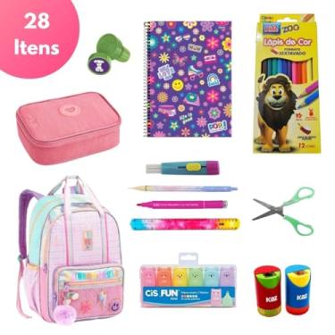 Imagem de Kit Material Escolar Juvenil Adulto Completo Mochila Estojo Fofo Kawaii Colorido Cor Pastel Feminino