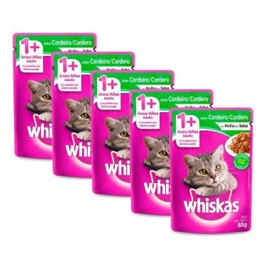 Imagem de Ração Úmida para Gatos Whiskas Adulto 1+ Anos Sabor Cordeiro ao Molho em Sachê 85g | Kit com cinco unidades