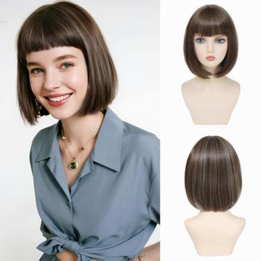 Imagem de Peruca de cabelo refinado Ash Brown Bob com franja de 30 cm para mulhe