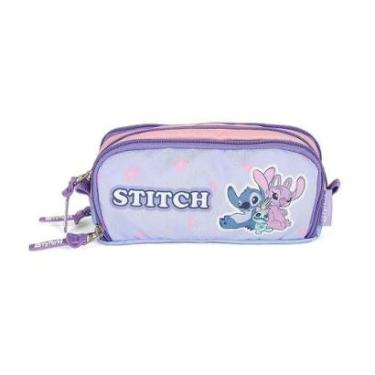 Imagem de Estojo Escolar Triplo Luxcel Stitch Flores Roxo-Feminino