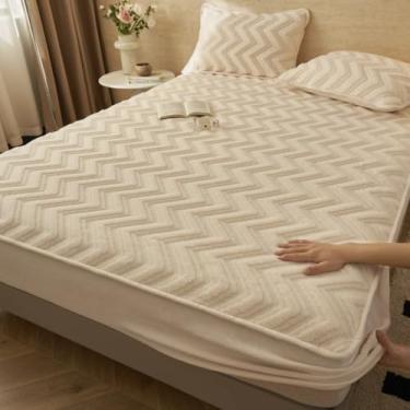 Imagem de Capa de colchão, luxuosa, de veludo, leite, todas as estações, capa protetora de colchão, antiderrapante, com bordas elásticas, fácil de cuidar e à prova de poeira - bege||180 x 200 cm (apenas capa de