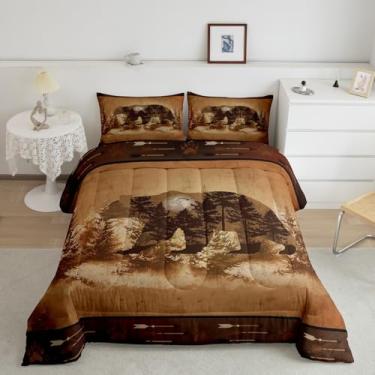 Imagem de Feelyou Conjunto de cama king com urso, rústico, cabana, animais selvagens, casa de fazenda, para meninos, meninas, adolescentes, natureza, vida selvagem, lã e caça, conjunto de edredom de microfibra