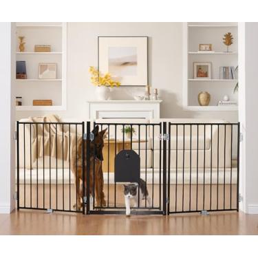 Imagem de No Pawblems Portão livre para cães com porta para gatos, cerca dobrável para cães de 76 cm de altura para ambientes internos e externos, portão extra largo para filhotes de até 198 cm para escadas