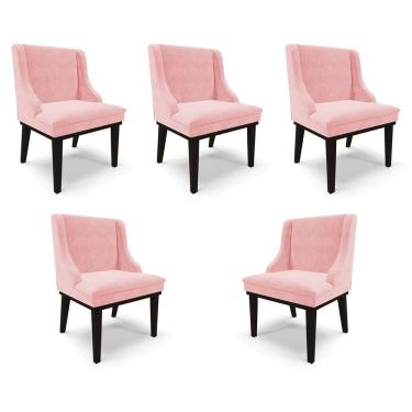 Imagem de Kit 5 Cadeiras Decorativas Sala De Jantar Base Fixa De Madeira Firenze Suede Rosa Bebê/preto G19