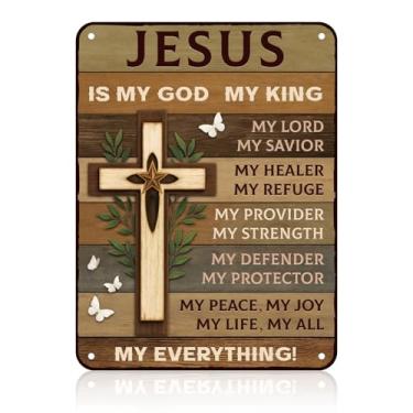 Imagem de Presentes Cristãos de Jesus, Jesus é Meu Deus Meu Rei Placa Madeira Vintage com Design Cruz Decoração Arte de Parede Religiosa para Casa Igreja Sala Oração Escritório