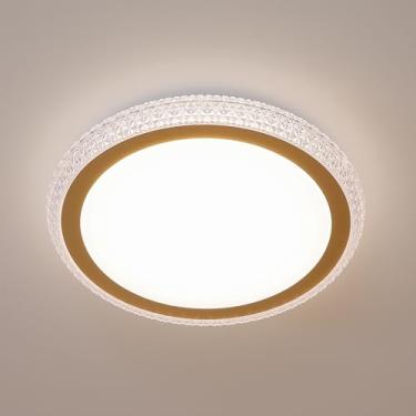 Imagem de MingBright Luminária de teto de cristal LED dourado de 40,6 cm, luz de teto moderna regulável de 24 W, luz de teto redonda ajustável 3000K/4000K/5000K para quarto, corredor, listado na ETL