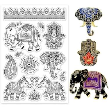 Imagem de Carimbos transparentes de elefante indiano para scrapbook faça você mesmo, estampa Paisley Hamsa, selos transparentes para fazer cartões, álbum de fotos, diário, decoração de casa, 6,3 x 4,83 cm