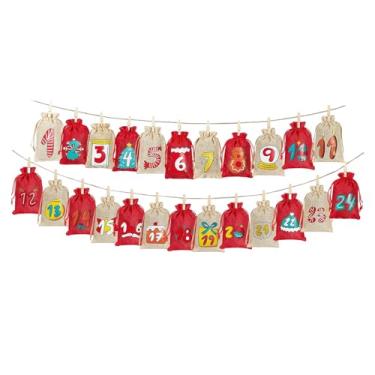 Imagem de KiBcsLic 24 unidades de sacos de calendário de advento de Natal, sacos de doces com cordão para presente, bolsa de estopa para reunião, porta, quartos de, Vermelho E Linho