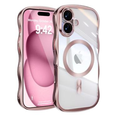 Imagem de UEEBAI Capa para iPhone 17, linda capa de celular magnética com moldura ondulada compatível com Magsafe capa de proteção completa para câmera macia galvanizada para mulheres e meninas - rosa