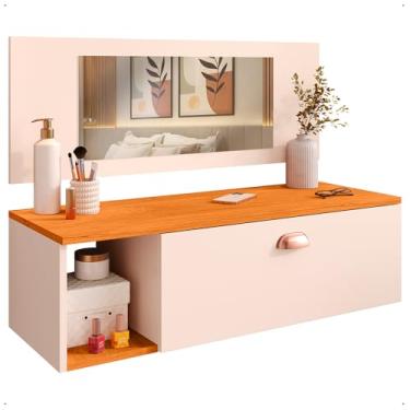 Imagem de Penteadeira Suspensa Make Up Com Espelho 1 Gaveta Com Divisórias Nicho e Puxador (OffWhite/Freijó)