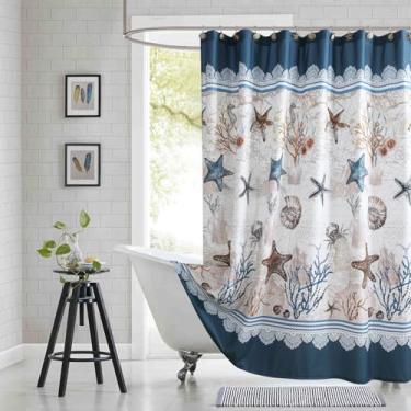 Imagem de BESTRIPES Cortina de chuveiro costeira extralonga de 228 cm, conchas do mar e cavalos-marinhos no mapa náutico, tecido repelente de água, 12 ilhós e bainha pesada, azul-petróleo