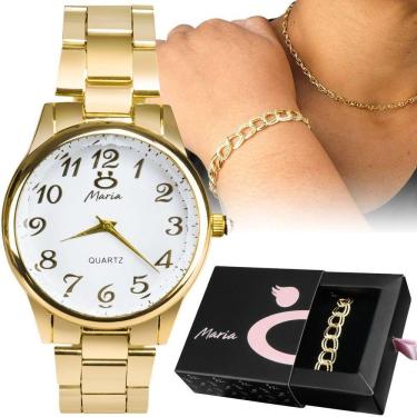 Imagem de Relógio Feminino Dourado Banhado Strass + Colar + Pulseira Original Qualidade Premium Presente Moda