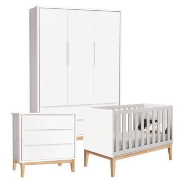 Imagem de Quarto De Bebê Classic 3 Portas Cômoda Gaveteiro Branco Com Pés Madeira Natural - Reller