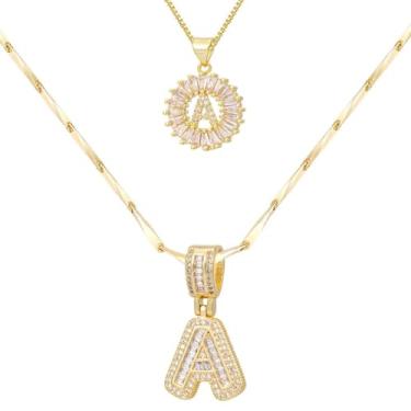 Imagem de ALFISO Colar com letras para mulheres, colares com inicial banhada a ouro 14K, joias personalizadas com nome personalizado, colar com pingente de iniciais para casal, 2 peças, colar elegante e