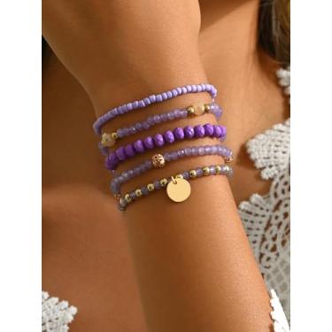 Imagem de Conjunto de pulseiras femininas Boho com contas roxas, 5 peças, pulseiras elásticas em camadas, pulseiras empilháveis com pingente de ouro, pulseiras de amizade com contas de cristal e sementes, joias
