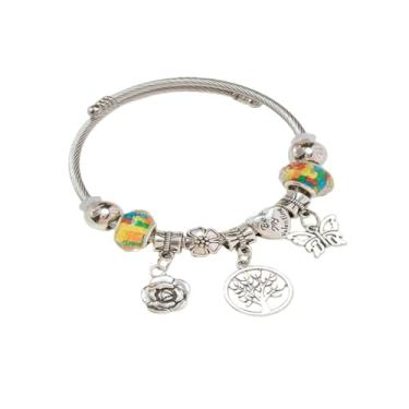 Imagem de Bshpima Pulseira feminina prateada - Pulseira ajustável de aço de titânio com pingente de árvore da vida/coração/urso e contas de cristal, kit de joias com tema de amor, lembrancinhas perfeitas para
