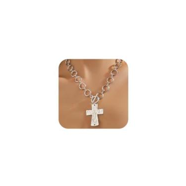 Imagem de Colar gargantilha feminina com pingente de cruz grossa de prata martelada com cruz grossa OT fivela barroca pérola grande círculo corrente festa baile joia presente, One Size, Metal, Sem Pedra