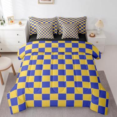 Imagem de Erosebridal Jogo de cama de solteiro geométrico xadrez em uma bolsa, 7 peças, amarelo, azul, marrom, xadrez para crianças, adolescentes, adultos, conjunto de edredom com lençol moderno e estética