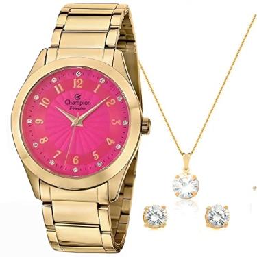 Imagem de Relógio Feminino Dourado Champion Analógico Rosa Prova D'agua + Colar e Brincos CN29409J