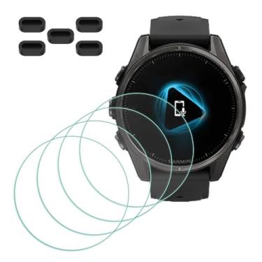 Imagem de MTHGH Protetor de tela para smartwatch Garmin fenix 8-43 mm safira [4 peças] + plugues antipoeira 5 peças, vidro temperado dureza 9H antiarranhões sem bolhas, película protetora ultrafina
