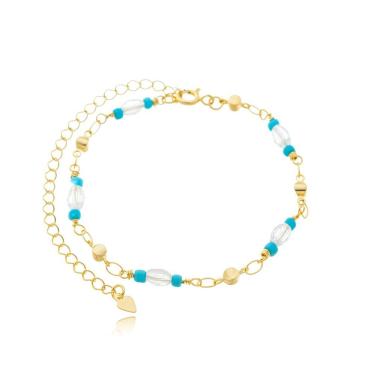 Imagem de Tornozeleira Feminina Missangas Azuis Banhada A Ouro 18k