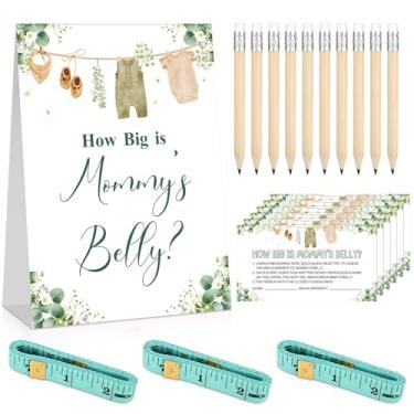 Imagem de 64 peças de jogos de chá de bebê verde sálvia incluem o tamanho do sinal de barriga da mamãe, jogo de colisão e 50 cartas de adivinhação, 10 lápis e 3 fitas métricas para chá de bebê, artigos de festa