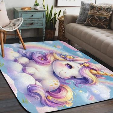 Imagem de Tapete de área para sala de estar, lavável à máquina, roxo, unicórnio, fofo, antiderrapante, tapete macio, para sala de estar, quarto, sala de jantar, berçário, cozinha, decoração de casa