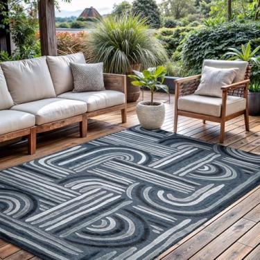 Imagem de CAMILSON Tapete para ambientes internos e externos, azul marinho, 15 x 23 cm, arco geométrico, listrado, tapete para pátio e casa, sala de estar, jardim e deck lavável (15 x 23 cm)