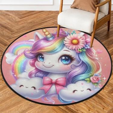 Imagem de Tapete redondo de 1,5 m fofo unicórnio colorido macio tapete circular antiderrapante lavável tapete de porta para interior quarto berçário sala de estar cozinha banheiro entrada casa tapete decoração