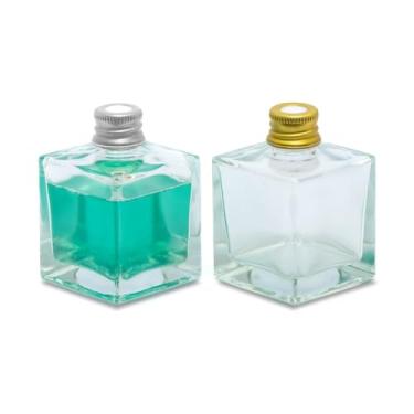 Imagem de Kit 05 Frascos de Vidro Cubo 50ml Para Aromatizador de Ambiente – Difusor com Varetas e Tampa Luxo(DOURADO/PRATA)