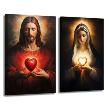 Imagem de ZSHARTSWD Arte de parede em tela de Jesus e Virgem Maria, 2 peças, imagem de coração sagrado Divina Misericórdia, impressão de Deus, arte religiosa, decoração de igreja emoldurada (vermelho, 28 x 35 x