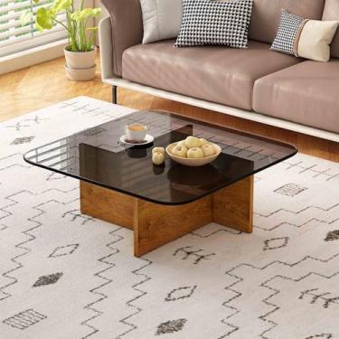 Imagem de Yadlan Mesa de centro moderna de meados do século, mesa central quadrada minimalista com base de madeira, móveis de destaque para quarto, sala de estar, recepção, escritório, mesas marrom 1 70 cm