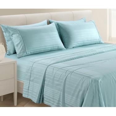 Imagem de Casa Platino Lençóis Queen Size 100% algodão - 6 peças (1 plano, 1 elástico, 4 fronhas) - Listrado 500 fios - Lençol de cama luxuoso de qualidade de hotel, tecido acetinado ultra suave com bolsos