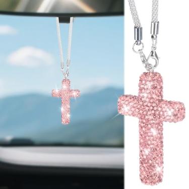 Imagem de Cruz para pendurar espelho de carro, pingente de carros brilhantes, cruz cristã de diamante dupla face, acessórios de espelho retrovisor, acessórios de carro para mulheres (rosa)