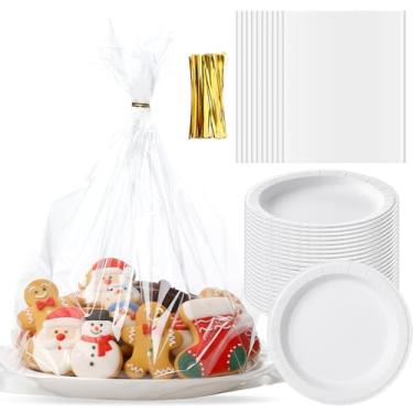 Imagem de Tenceur Conjunto de 24 sacos de bandeja de biscoito de celofane de Natal com pratos de sobremesa e laços torcidos, 15,8 x 19,7 sacos de celofane transparentes, pratos de jantar de papel descartáveis