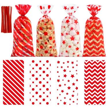 Imagem de QOIUSO Sacolas duráveis de celofane vermelho – 100 peças, saco de presente transparente de plástico de 12 x 28 cm com gravatas, sacos de celofane com listras e padrões de estrelas para Natal