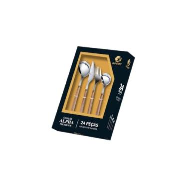 Imagem de Conjunto 24 Peças Talheres Cabo Tipo Madeira, Aço Inox, 6 Garfos, 6 Facas Churrasco, 6 Colheres Mesa, 6 Colheres Sobremesa