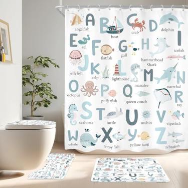Imagem de Cinbloo Conjunto de 4 peças de cortina de chuveiro infantil, desenho animado fofo alfabeto ABC animal marinho azul educacional adorável oceano cortina de banheiro com tapete, capa de tampa de vaso