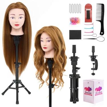 Imagem de Cabeça de manequim 80% cabelo humano com suporte de tripé, cabeça de manequim de cosmetologia de 71 cm, cabeça de manequim trançado com suporte, cabeça de boneca de treino de cabeleireiro para
